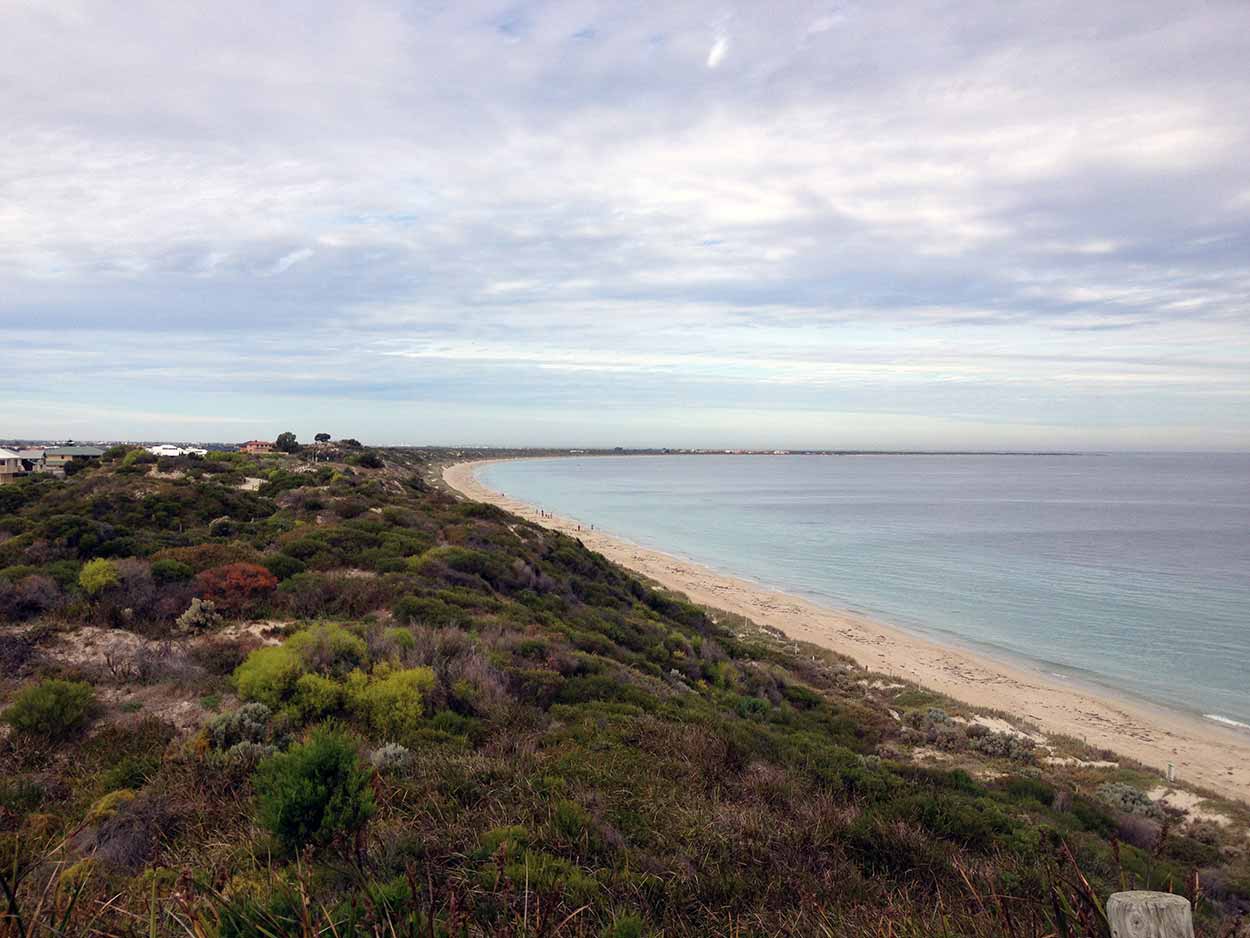 Sweeping views of Warnbro Sound from one of the sand dune lookouts of the Warnbro Foreshore Reserve, Rockingham, Perth, Western Australia