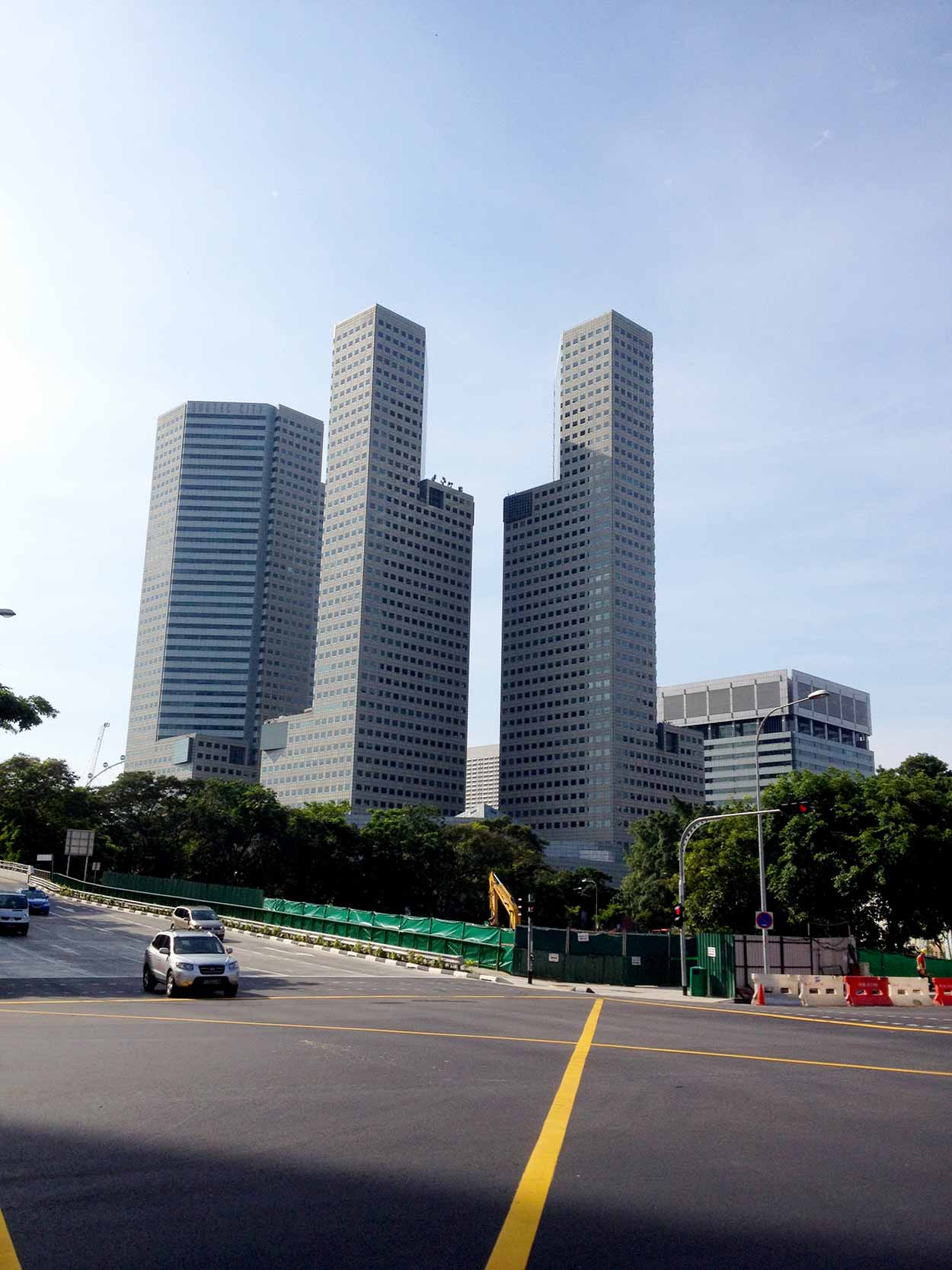 Symmetrical buildings on the corner of Beach Road and Rochor Road, Colonial District, Singapore